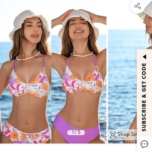 NWT Cupshe Purple Floral Crossback Bikini Top & Reversible Bottom
